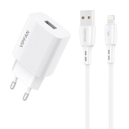 Vipfan Ładowarka sieciowa VFAN E01, 1x USB, 2.4A + kabel Lightning (biała)