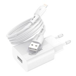 Vipfan Ładowarka sieciowa VFAN E01, 1x USB, 2.4A + kabel Lightning (biała)