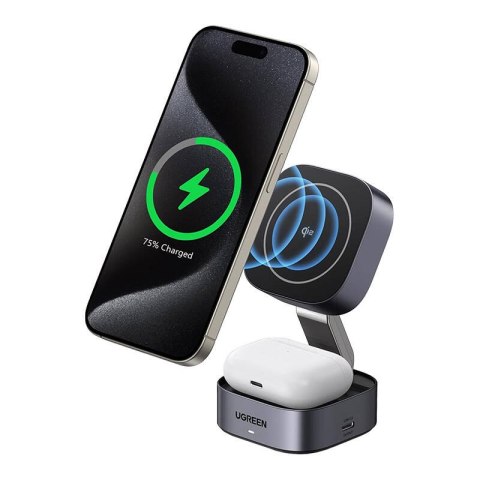 UGREEN Ładowarka indukcyjna Qi2 2w1 Ugreen W702 do Iphone, AirPods, 15W (szara)