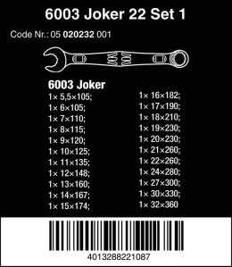 WERA ZESTAW KLUCZY PŁASKO-OCZKOWYCH 6003 JOKER 22 SET 1, 22SZT.