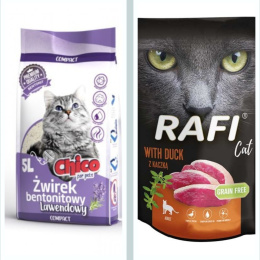 CHICO Żwirek bentonitowy Compact Lawenda 5l + Rafi Cat saszetka kaczka 100 g